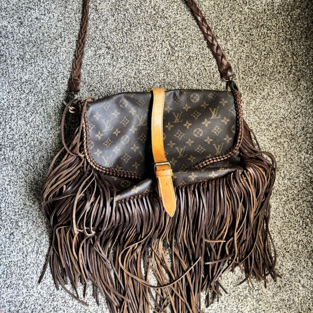Vintage Boho Large Brown Fringe Crossbody Bag